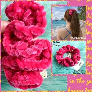 Handmade Crochet VELVET Luxe Hot Pink Candy Plush Hair Scrunchie PinkRainCloud